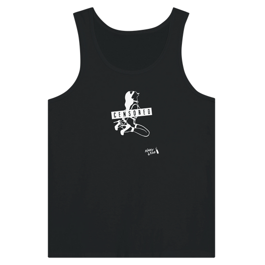 Tanktop, black, white linear drawing, woman on knees, blindfoldet,Censored