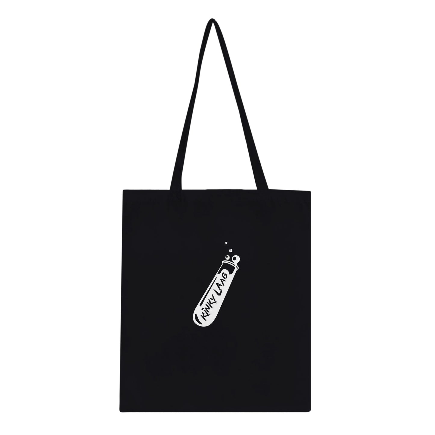 Schwarze Stofftasche, urban style, logo aufdruck von kinky laab, reagenzglas
