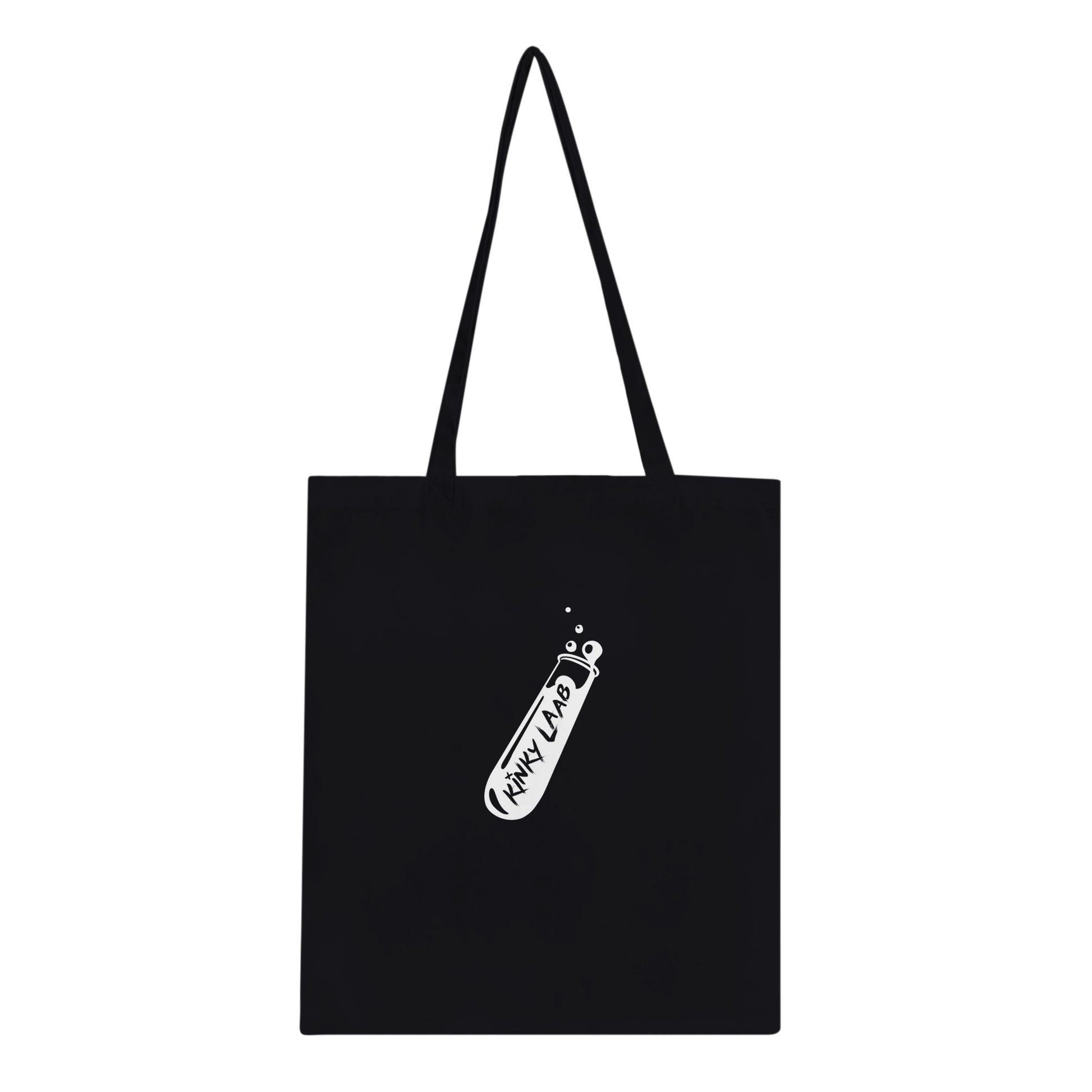 Schwarze Stofftasche, urban style, logo aufdruck von kinky laab, reagenzglas