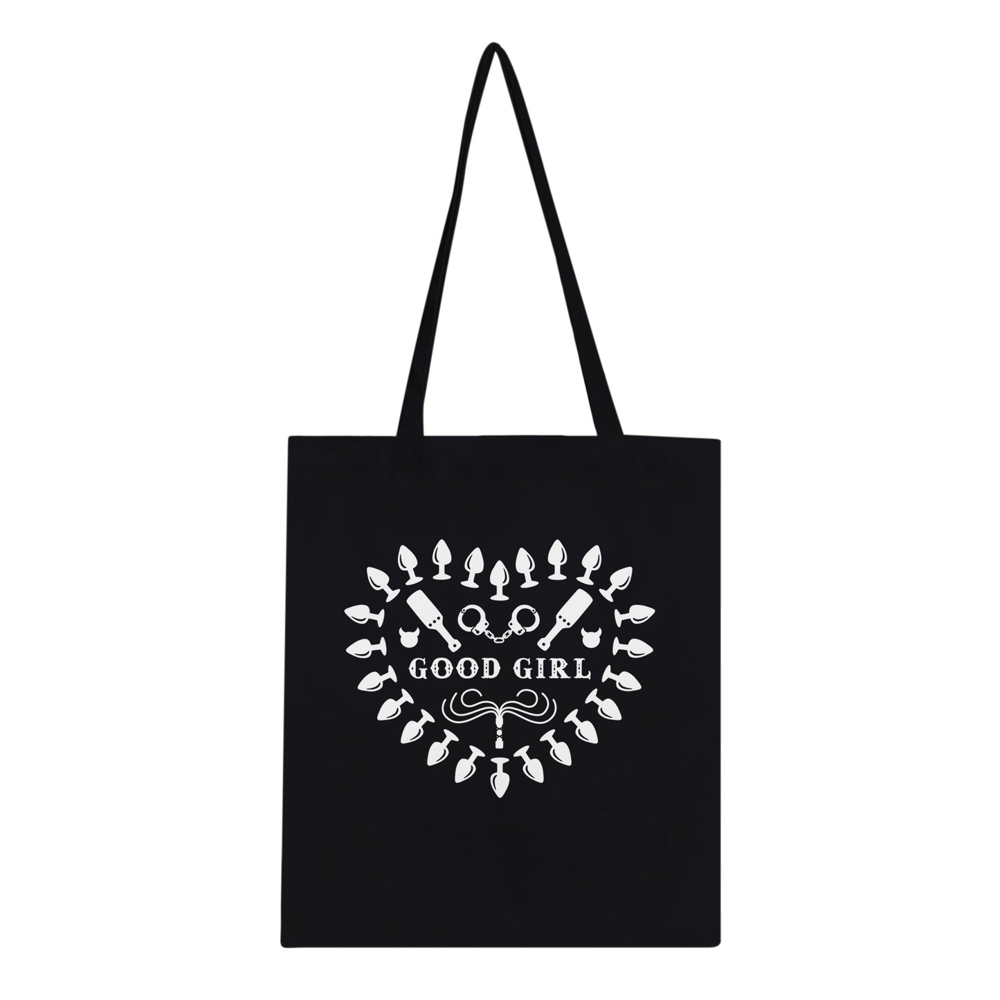 totebag in schwarz, mit paddel und handschellen, plugs, bdsm utensilien