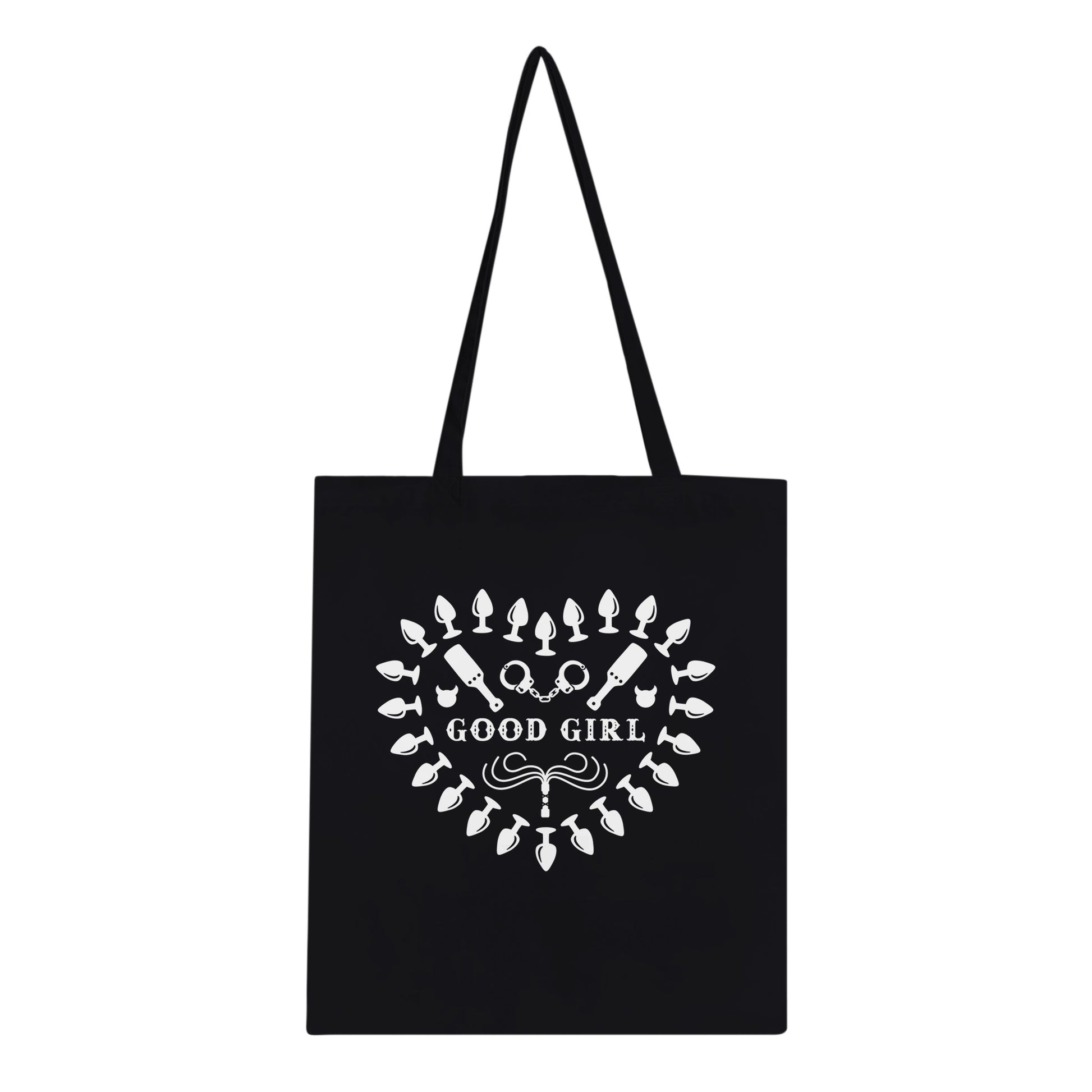 totebag in schwarz, mit paddel und handschellen, plugs, bdsm utensilien