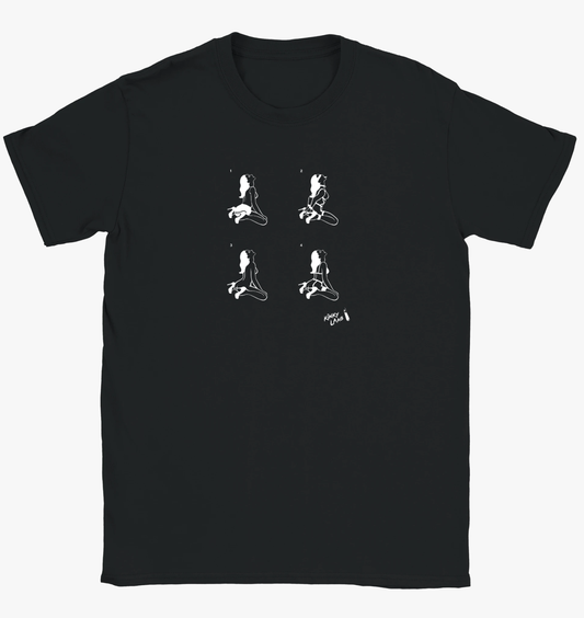 Schwarzes T-Shirt mit kinky Motiv 'Girls auf Knien’, Dessous,  – Herrenmodell, Kinky Motiv