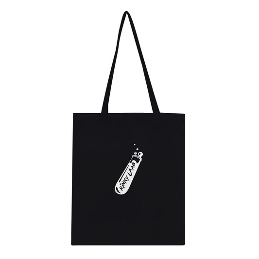 Schwarze Stofftasche, urban style, logo aufdruck von kinky laab, reagenzglas
