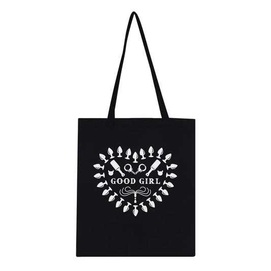 totebag in schwarz, mit paddel und handschellen, plugs, bdsm utensilien