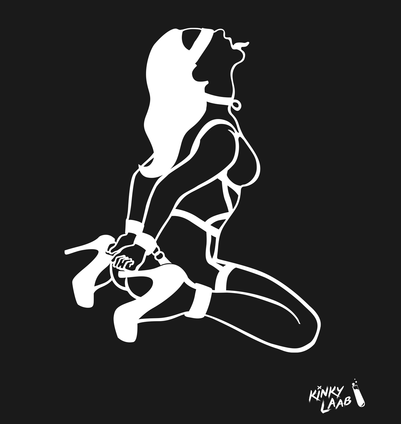 linear art, bondage szene, Tshirt Print, weiß auf schwarz, Kinky Girl, Zunge, Bondage, Leder, Lack, gefesselt, Desssous