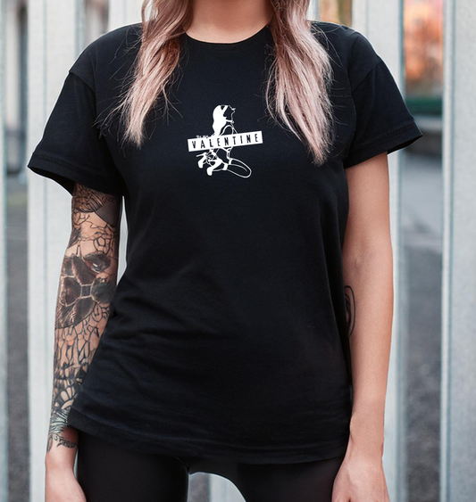 Woman with black Shirt, Linear drawing print, white on black Tshirt, blindfoldet woman on knees, Be my Valentine, valentine day
