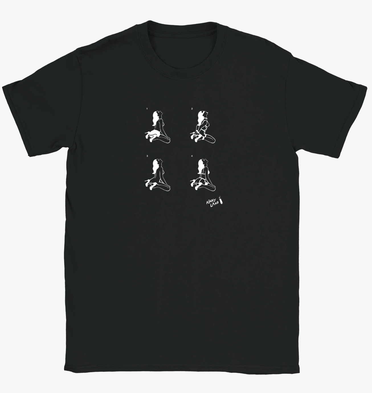 Schwarzes T-Shirt mit kinky Motiv 'Girls auf Knien’, Dessous,  – Herrenmodell, Kinky Motiv