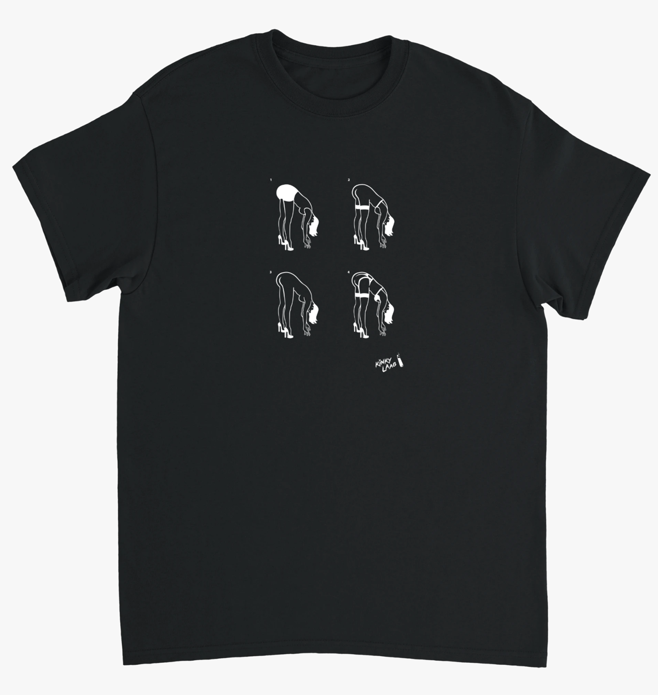 Schwarzes T-Shirt mit kinky Aufdruck 'Girls vorgebeugt', nackt, Vorderansicht – Herrenmodell, Kinkster Outfit