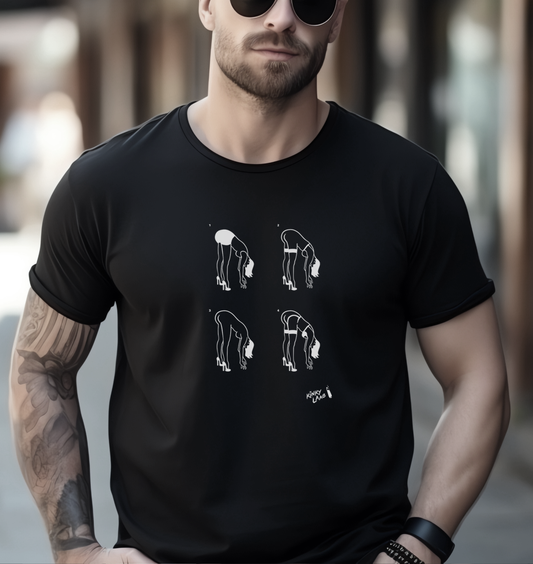 Schwarzes T-Shirt mit kinky Aufdruck 'Girls vorgebeugt', dessous, Vorderansicht – Herrenmodell, Kinkster Outfit