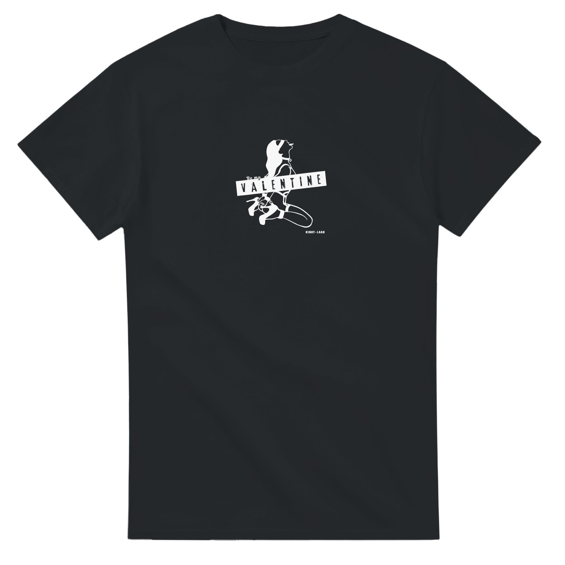 Black Shirt, Linear drawing print, white on black Tshirt, blindfoldet woman on knees, Be my Valentine, valentine day